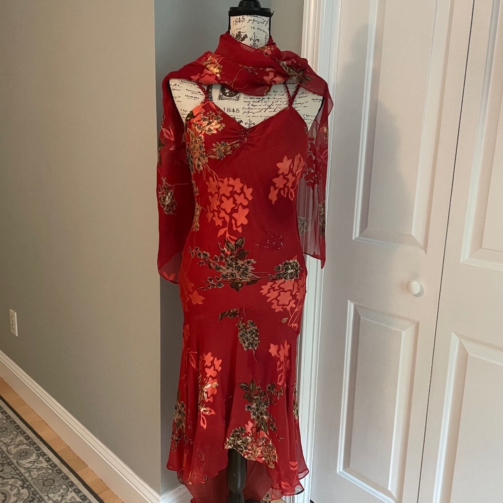 Rich red cocktail dress with matching wrap